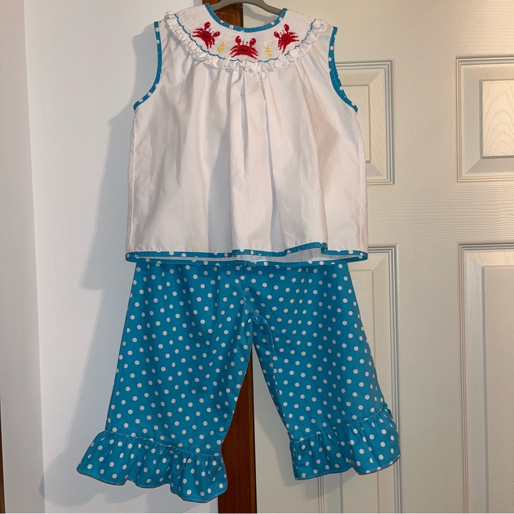 Be Mine Smocked 2 Pc Set •Polka Dot Ruffled Cropped Pants & Embroidered Top